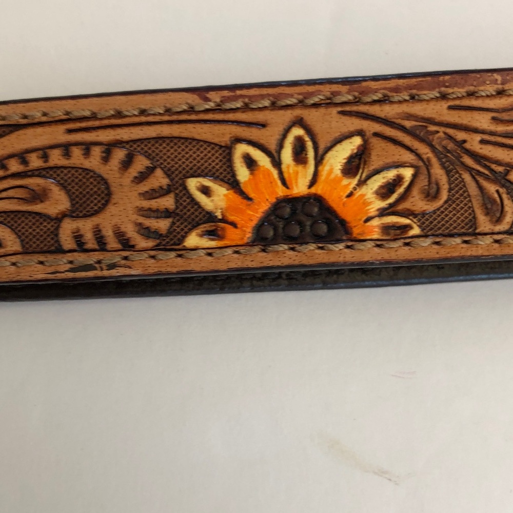 Tooled Leather Floral Keychain Wristlet  Wrist Lanyard - Brown & Orange NEW - Picture 3 of 6